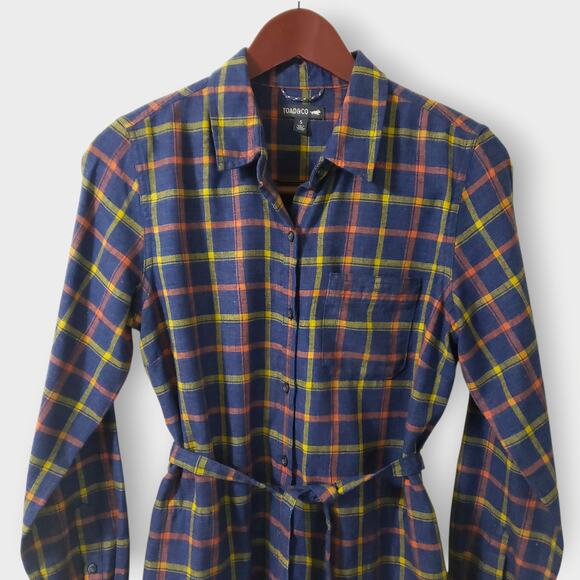 Toad&CO Re-Form Flannel Shirtdress Navy Blue Plaid Button Front Sz Small Casual - Picture 2 of 13